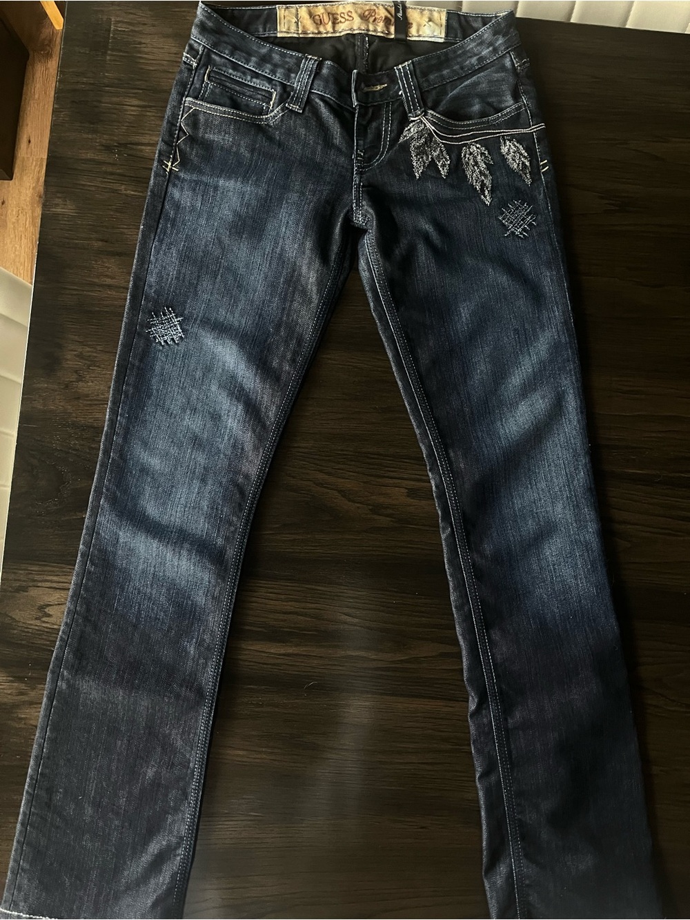 Guess Women's Dark Indigo Low-Rise with Embroidered Detail
